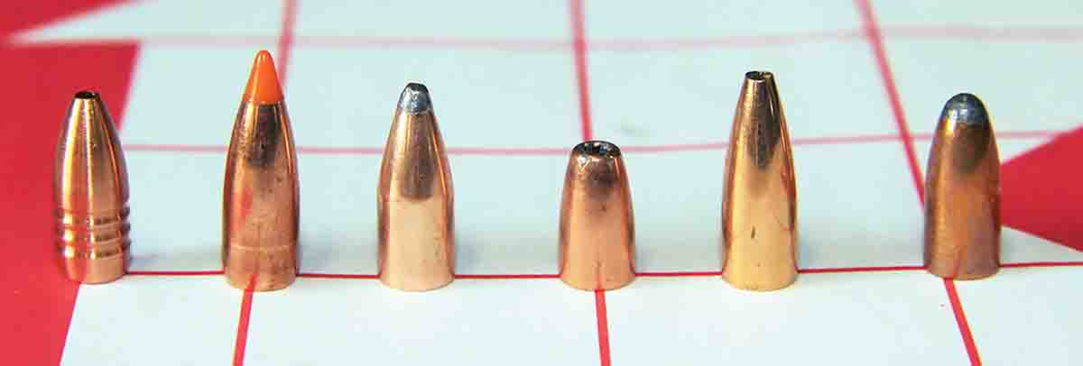 Bullets used to test the .22 K-Hornet included: (1) Hammer Bullets’ 35-grain Hammer Hunter, (2) Nosler’s 40-grain Ballistic Tip Varmint, (3) the Hornady 45-grain Hornet (rifle), (4) Speer’s 33-grain JHP, (5) Berger’s 40-grain Flat Base Varmint and (6) Sierra’s 45-grain Varminter Hornet (pistol).